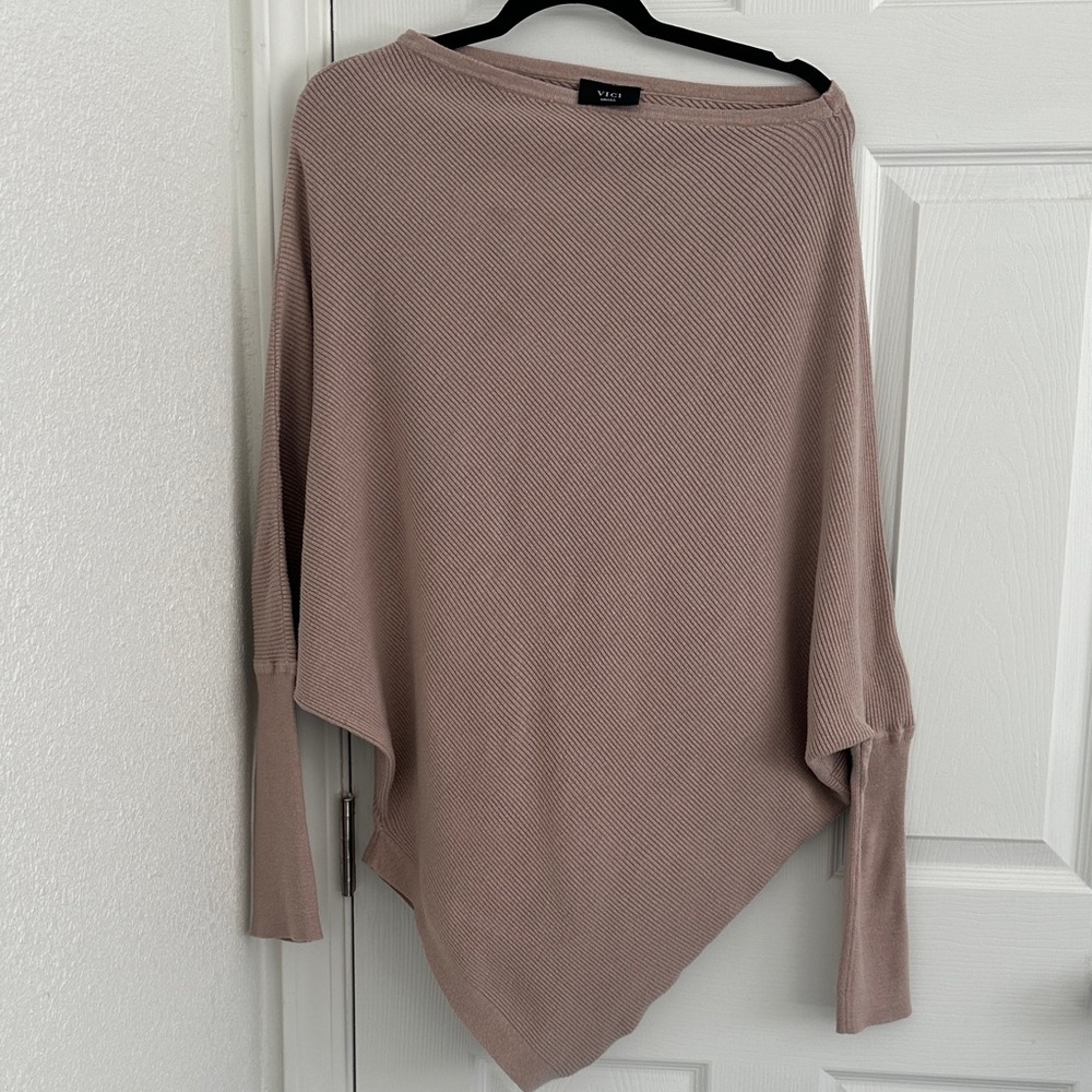 VICI Women's Beige Poncho Sweater. Off Shoulder Batwing Sleeve.